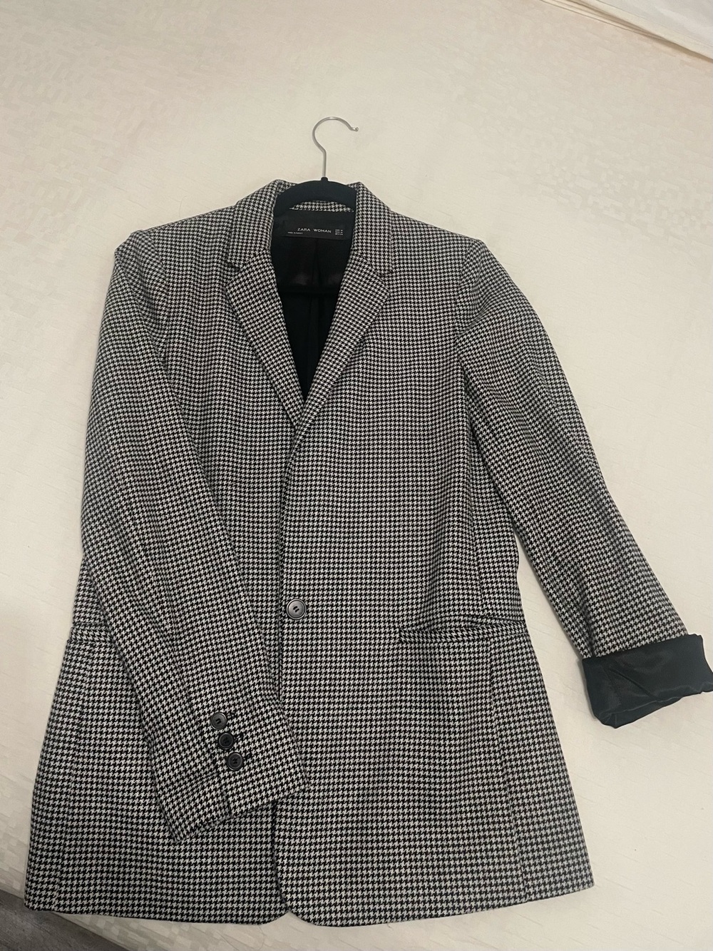 Zara Black & White Houndstooth Single-Breasted Blazer